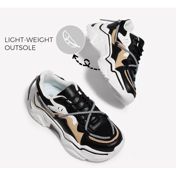 Brand New Women Black/White Polyurethane Chunky Dad Platform Fashion Sneakers - Picture 4 of 9